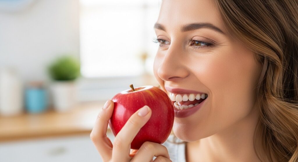 Person smiling while biting into a red apple showing healthy front teeth and veneers.