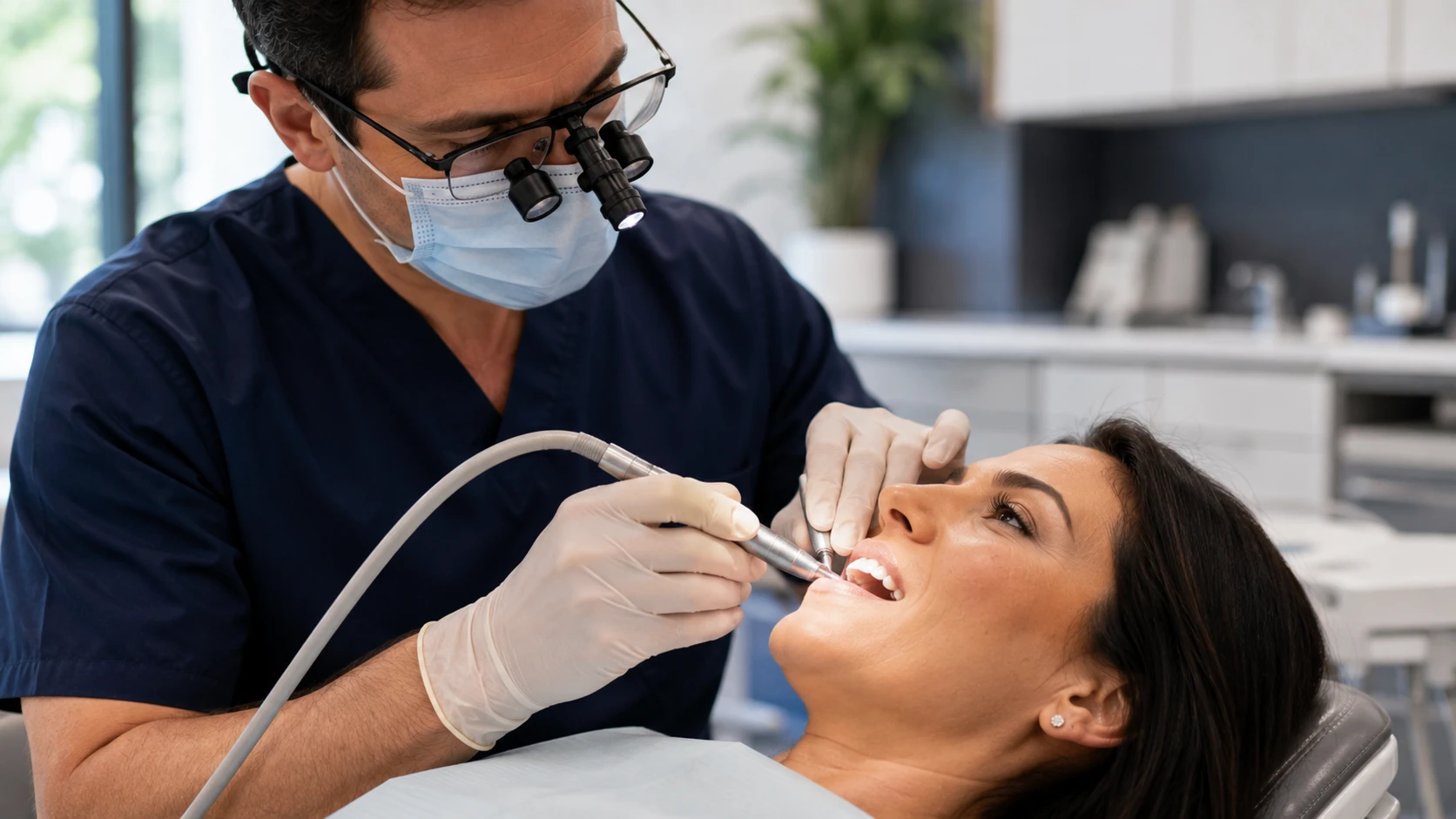Cosmetic dentist preparing an adult patient's teeth during a veneer procedure in a modern dental clinic.