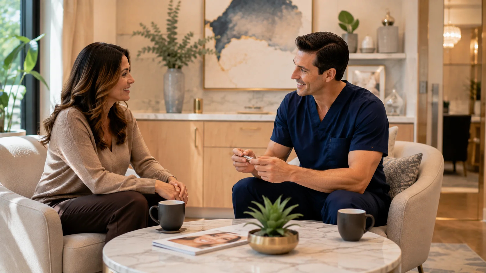 Friendly cosmetic dentist discussing patient comfort before veneer treatment in a private consultation room.