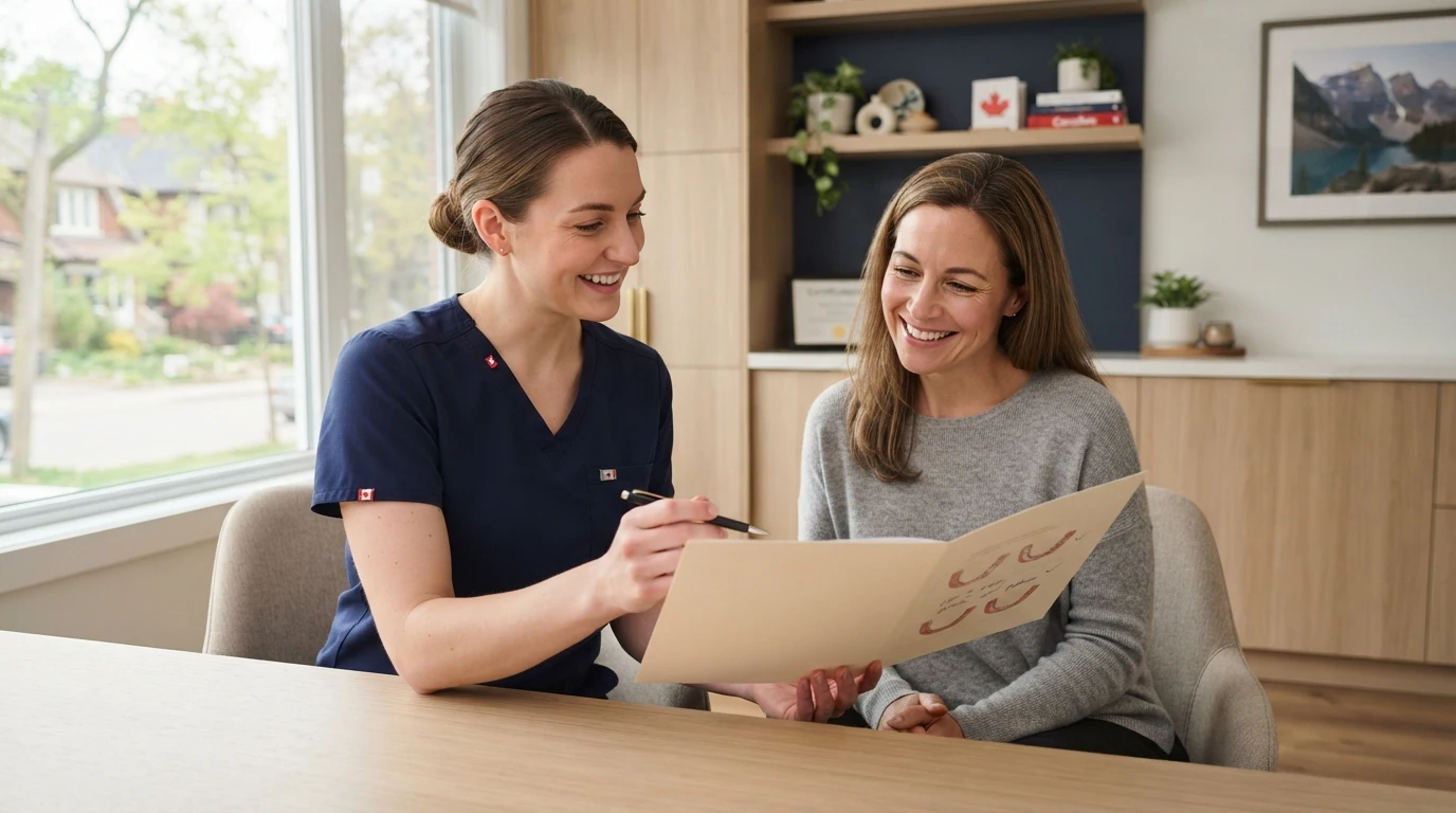 Friendly dentist helping an adult patient understand affordable dental care options during a consultation.