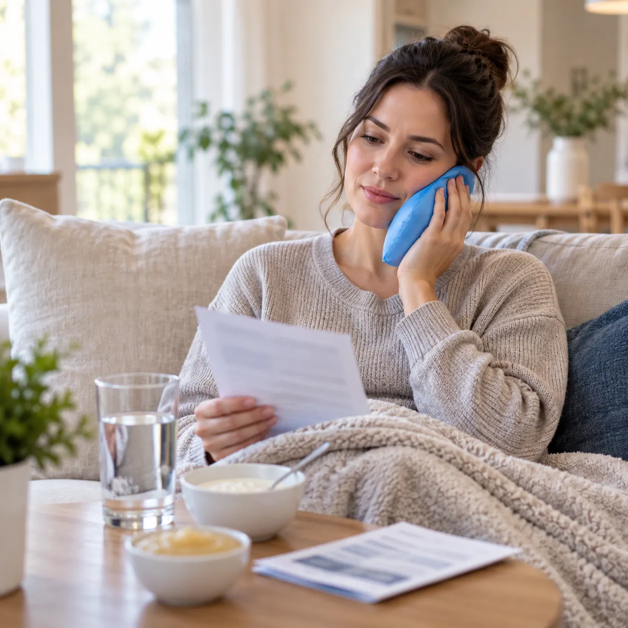 Patient resting at home and following aftercare instructions after tooth extraction