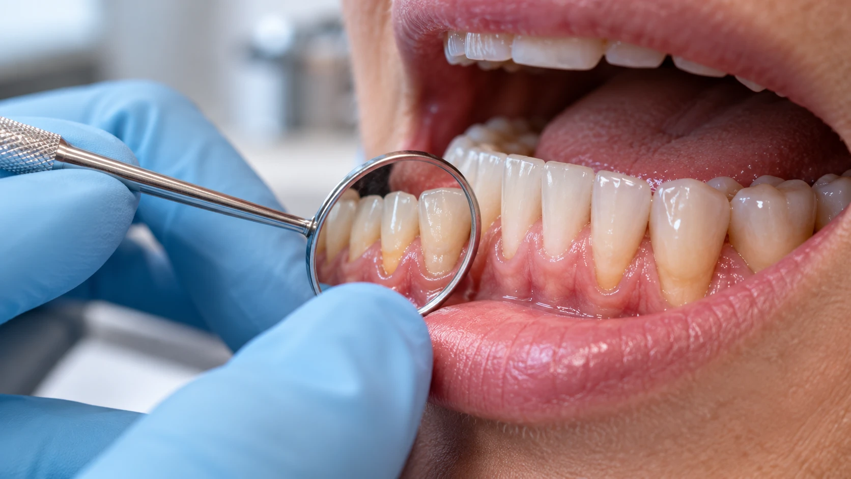 Close-up dental examination of adult enamel and exposed root surfaces that may benefit from fluoride protection.