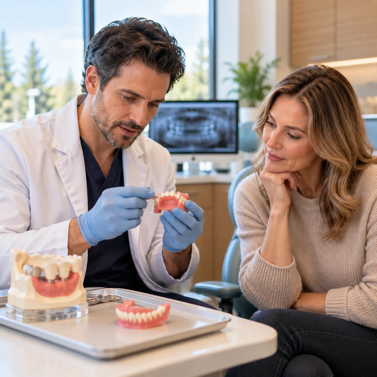 Dentist assessing a loose or uncomfortable denture for a patient in Sherwood Park.