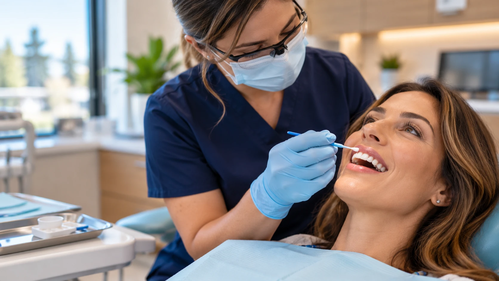Dental hygienist applying fluoride varnish to an adult patient's teeth in Sherwood Park.