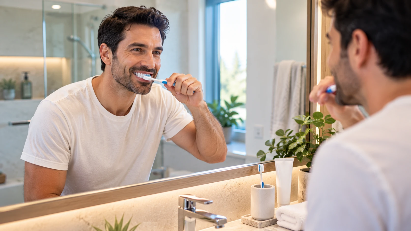 Adult man brushing his teeth with fluoride toothpaste as part of his daily oral hygiene routine.