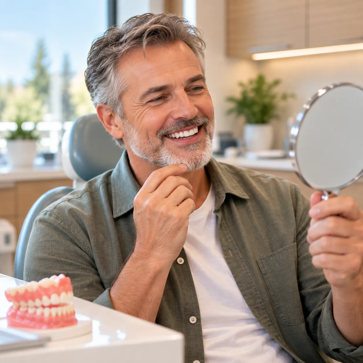 Patient reviewing the natural appearance of dentures with a dentist in Sherwood Park.